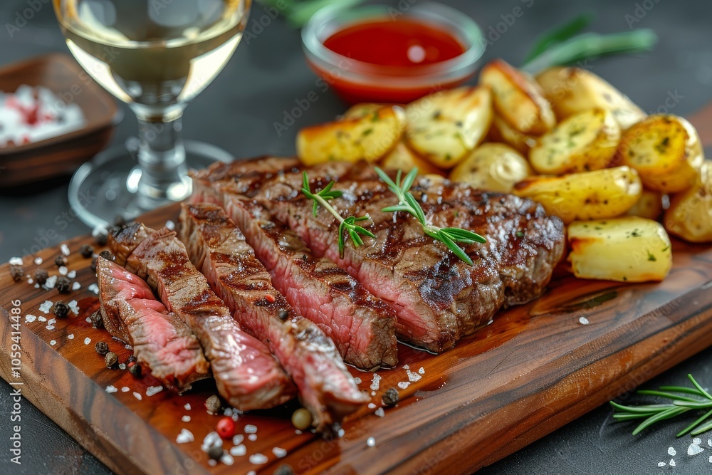 Grilled Steak With Rosemary and Potatoes on a Wooden Cutting Board Grilled Steak With Rosemary and Potatoes on a Wooden Cutting Board