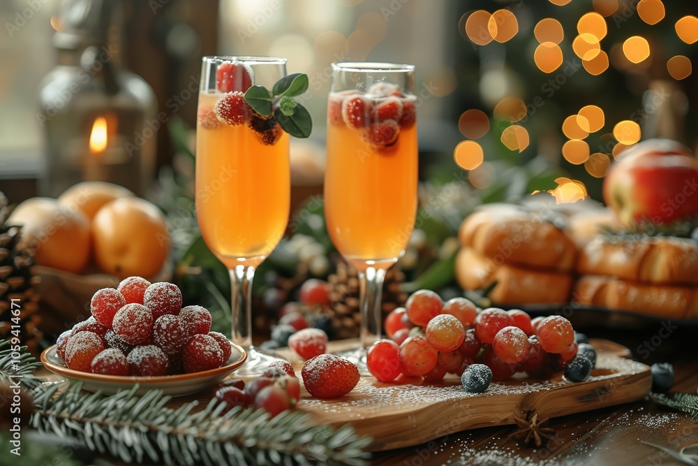 A table with two glasses of orange juice and a plate of fruit A table with two glasses of orange juice and a plate of fruit