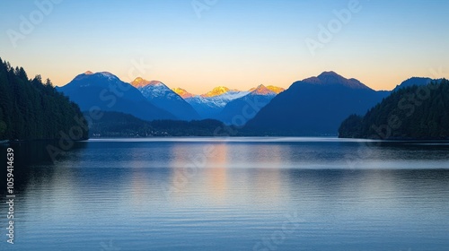 A serene lake with snow-capped mountains in the background. The water is calm and reflective, and the sky is a soft blue.