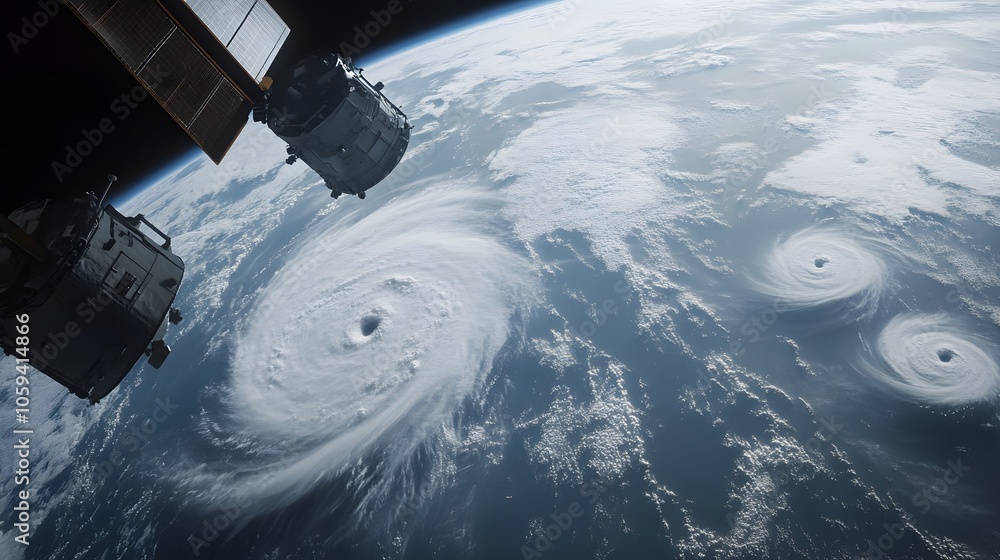 Fototapeta premium Realistic shot of a satellite floating above the Earth's surface, with the Earth in view and two hurricanes visible on its horizon.