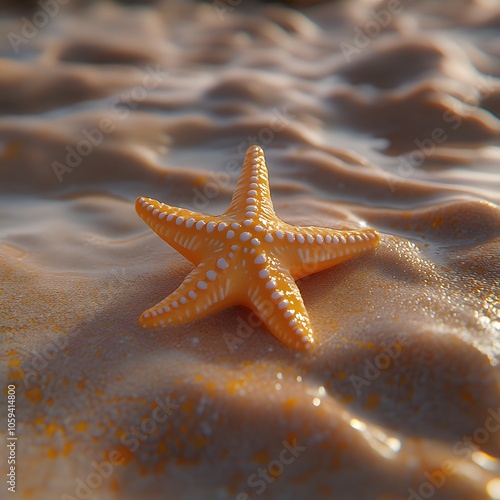 Orange Starfish on Sandy Beach at Low Tide photo