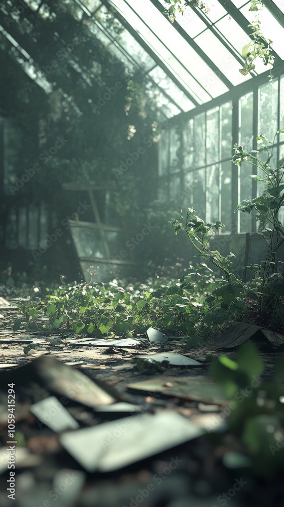 Dark, abandoned greenhouse with a lot of plants and a broken chair Dark, abandoned greenhouse with a lot of plants and a broken chair