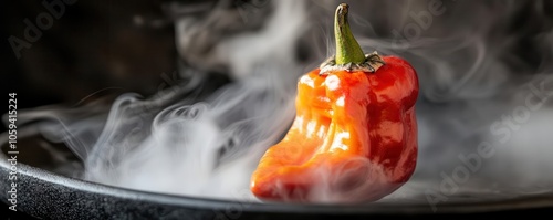 Burning chili pepper with wisps of smoke, red and orange hues, culinary heat photo