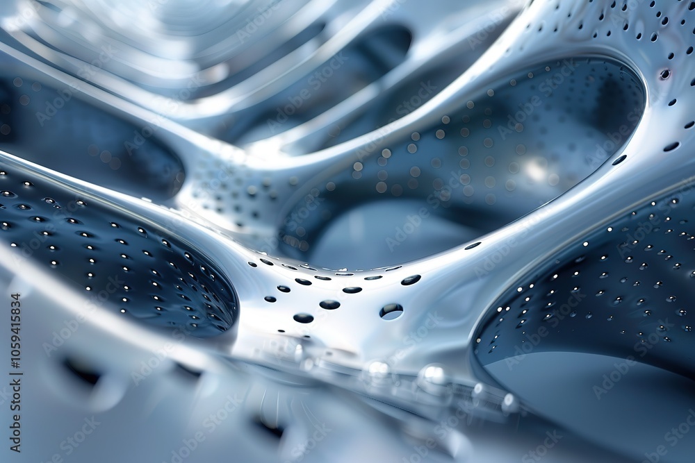 A silver object with many holes and a blue background