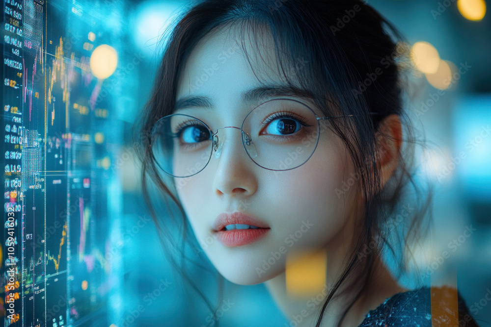 Young Asian businesswoman with glasses analyzing financial data Young Asian businesswoman with glasses analyzing financial data