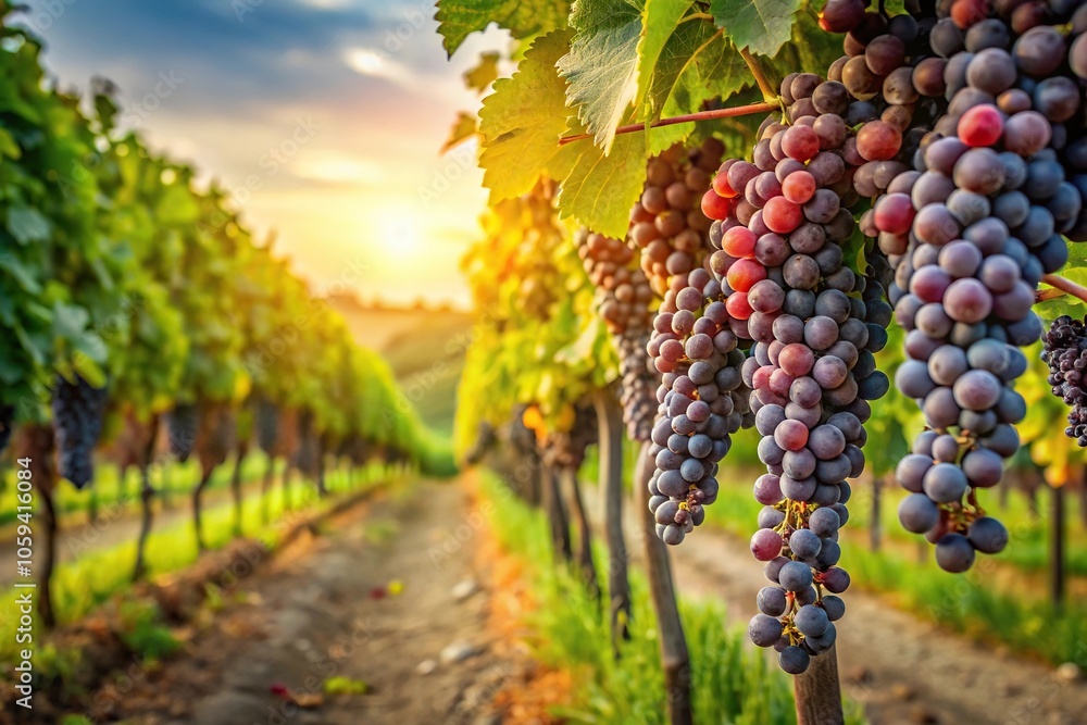 Naklejka premium Aerial view of vineyard with ripe grape bunches hanging from trees