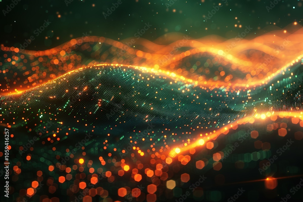 A series of orange and green waves with a lot of sparkles A series of orange and green waves with a lot of sparkles