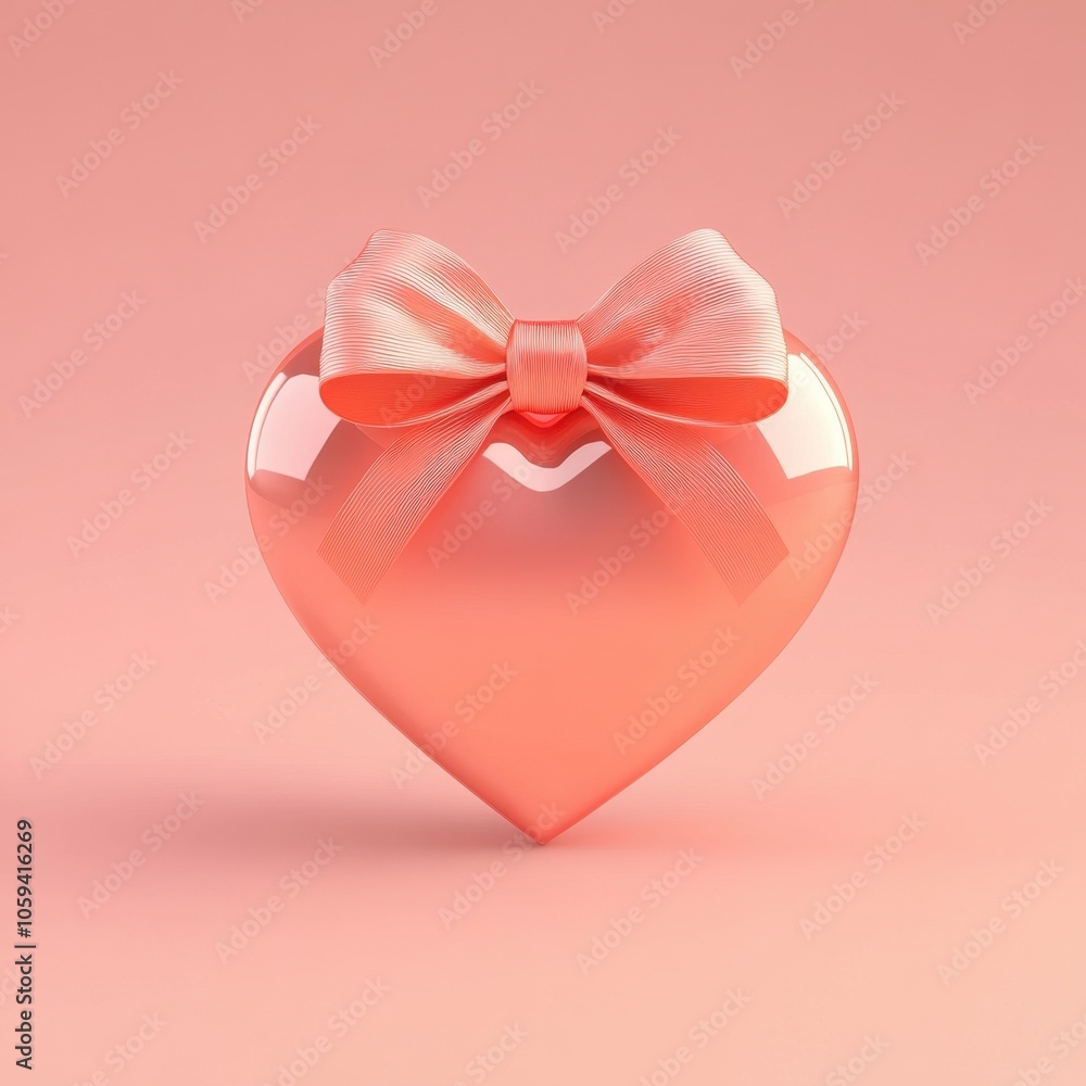 Heart-shaped Gift Box with Ribbon Bow on Coral Background Heart-shaped Gift Box with Ribbon Bow on Coral Background