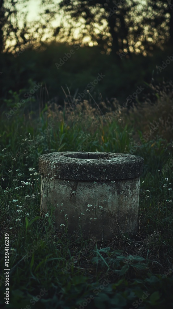 Fototapeta premium Cement well is surrounded by grass and weeds