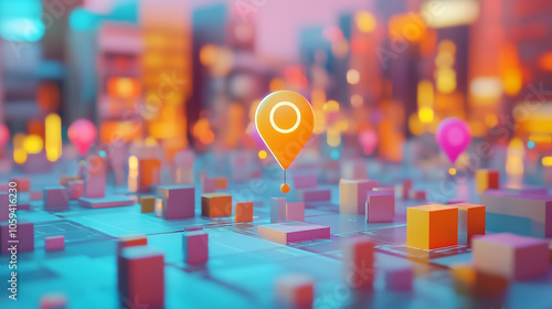 Floating geolocation pins over a vibrant landscape of digital storefronts-2