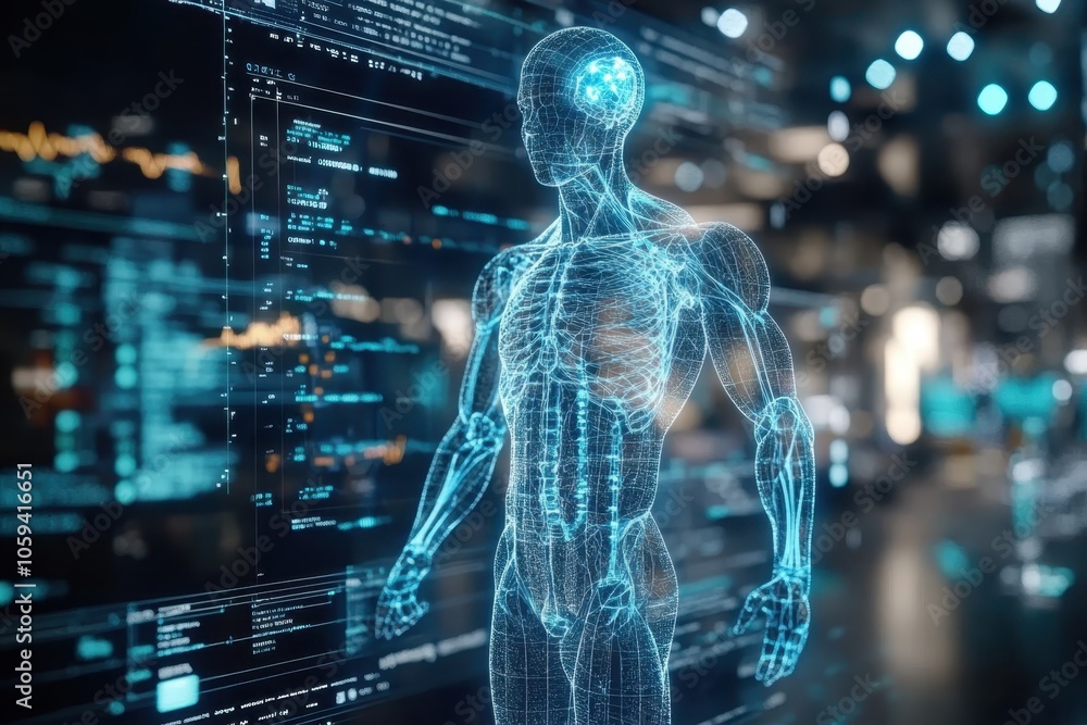 A futuristic representation of a human body with digital data overlay in a modern environment A futuristic representation of a human body with digital data overlay in a modern environment