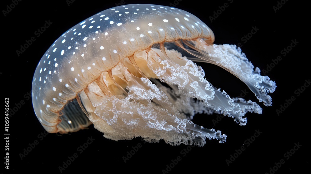 Close-up of jellyfish delicate tentacles and body, highlighting its intricate structure. Close-up of jellyfish delicate tentacles and body, highlighting its intricate structure.