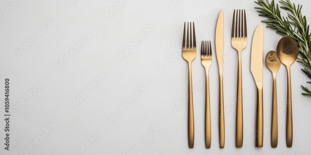a white tablecloth with gold cutlery knives, forks, spoons. Along the right side of the frame there are instruments and glasses, on the left there is free space for text on a light background a white tablecloth with gold cutlery knives, forks, spoons. Along the right side of the frame there are instruments and glasses, on the left there is free space for text on a light background