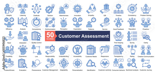 Customer Assessment icon collection set. Containing Integrity, Listening, Gratitude, Solution, Attentiveness, Innovation, Empathy, Gift, Timeline icon. Simple colored outline blue illustration.