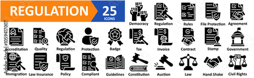 Regulation icon collection set vector illustration concept with icon of Constitution,Auction,Law,Hand Shake,Civil Rights,Democracy,Regulation,Rules,File Protection,Agreement,Accreditation,Quality
