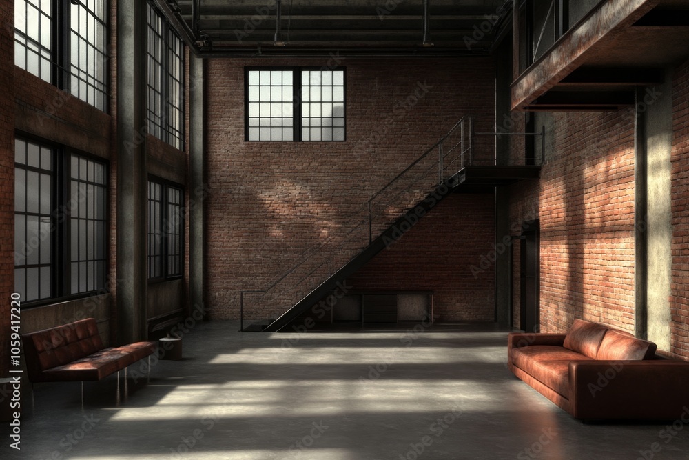 industrial loft interior, featuring exposed brick walls, large warehouse-style windows, raw concrete floors, modern metal and leather furniture, high ceilings with visible pipes industrial loft interior, featuring exposed brick walls, large warehouse-style windows, raw concrete floors, modern metal and leather furniture, high ceilings with visible pipes