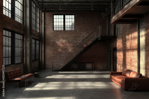 industrial loft interior, featuring exposed brick walls, large warehouse-style windows, raw concrete floors, modern metal and leather furniture, high ceilings with visible pipes