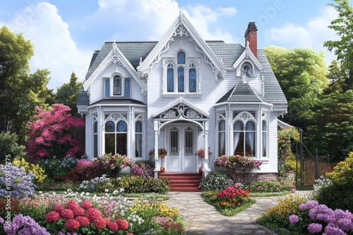 a classic Victorian house facade with ornate detailing, bay windows, a steeply pitched roof, vibrant pastel colors, trimmed with white accents, a charming front garden with a wrought-iron gate photo