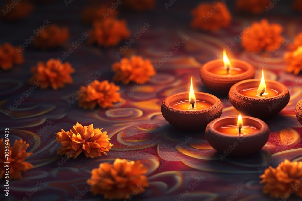 traditional clay diyas lit and arranged on a decorative surface with vibrant marigold flowers around, soft warm light from the flames, intricate patterns and rich colors, beautiful and elegant traditional clay diyas lit and arranged on a decorative surface with vibrant marigold flowers around, soft warm light from the flames, intricate patterns and rich colors, beautiful and elegant