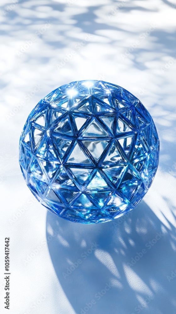 Blue crystal sphere shining on white surface with triangle pattern Blue crystal sphere shining on white surface with triangle pattern