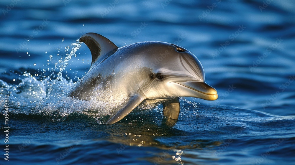 Naklejka premium Dolphin swimming close to the water's surface, with gentle sunlight illuminating its sleek body.