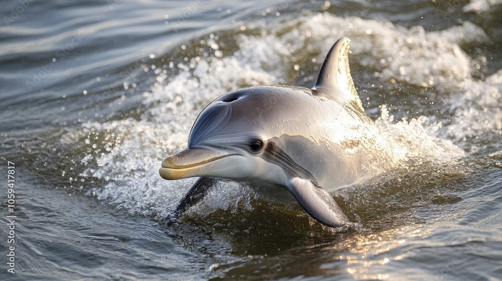 Fototapeta premium Dolphin swimming close to the water's surface, with gentle sunlight illuminating its sleek body.