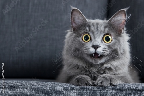 a fluffy gray cat with wide, shocked eyes and a comically open mouth, as if in disbelief, sitting on a couch, detailed fur textures and expressive face, background slightly blurred photo