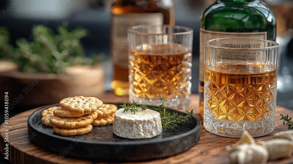 Crystal Whiskey Glasses with Cheese and Crackers, Rustic Dining Setup for Celebration, Warm Earth Tones Crystal Whiskey Glasses with Cheese and Crackers, Rustic Dining Setup for Celebration, Warm Earth Tones