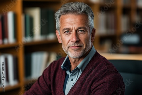 a middle-aged man in an office setting, looking confidently at the camera, dressed in a business-casual outfit, surrounded by bookshelves and a laptop, natural lighting from a nearby window