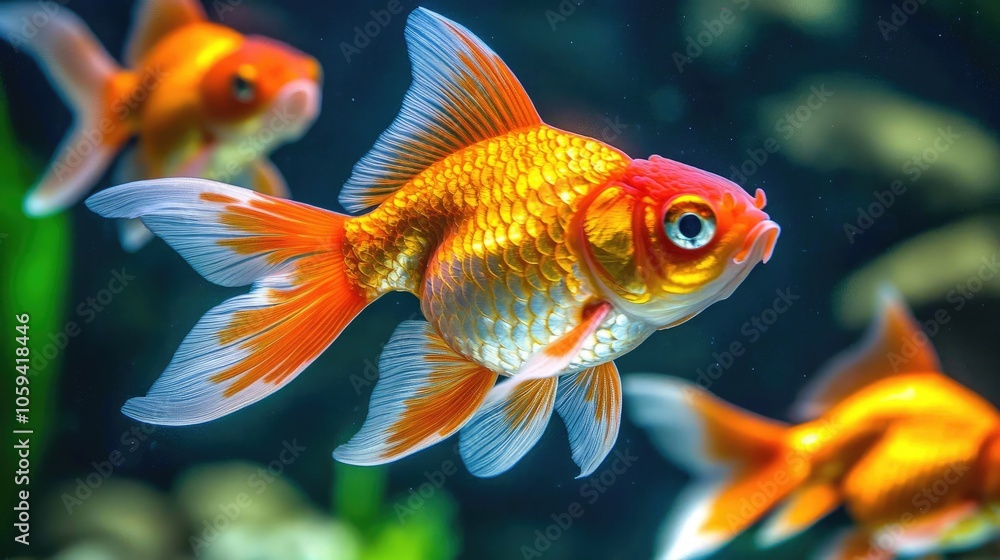 Goldfish swimming in a school, their vibrant scales standing out against the water. Goldfish swimming in a school, their vibrant scales standing out against the water.