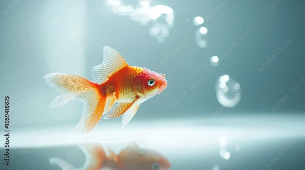 Graceful goldfish with flowing fins, swimming in a minimalist aquarium with a light background. Graceful goldfish with flowing fins, swimming in a minimalist aquarium with a light background.