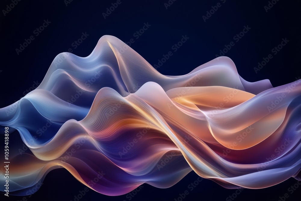 Obraz premium flowing abstract lines forming gentle waves on a dark blue background, subtle gradient from deep navy to lighter blues, hints of transparency creating a layered effect