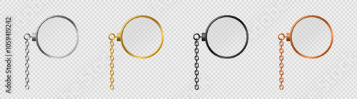 Vintage monocles on chain template. Stylish bronze single eye glasses for retro gentlemen with classic gold and silver frames with an elegant vector design