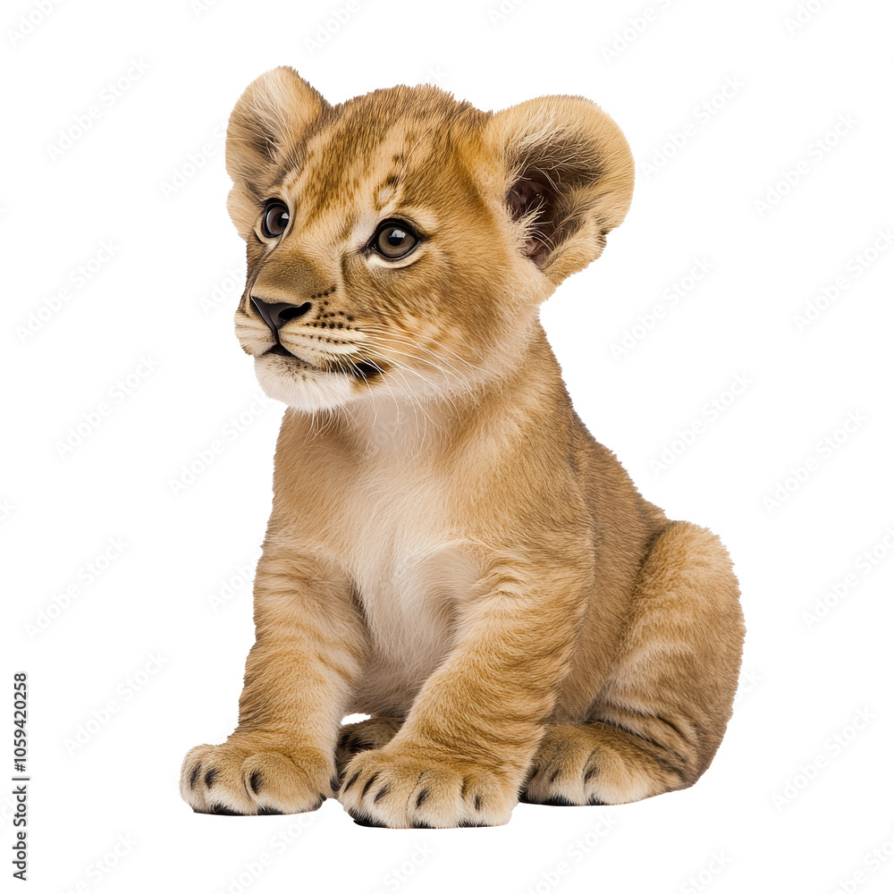 Cute lion cub sitting on a white background transparent Cute lion cub sitting on a white background transparent