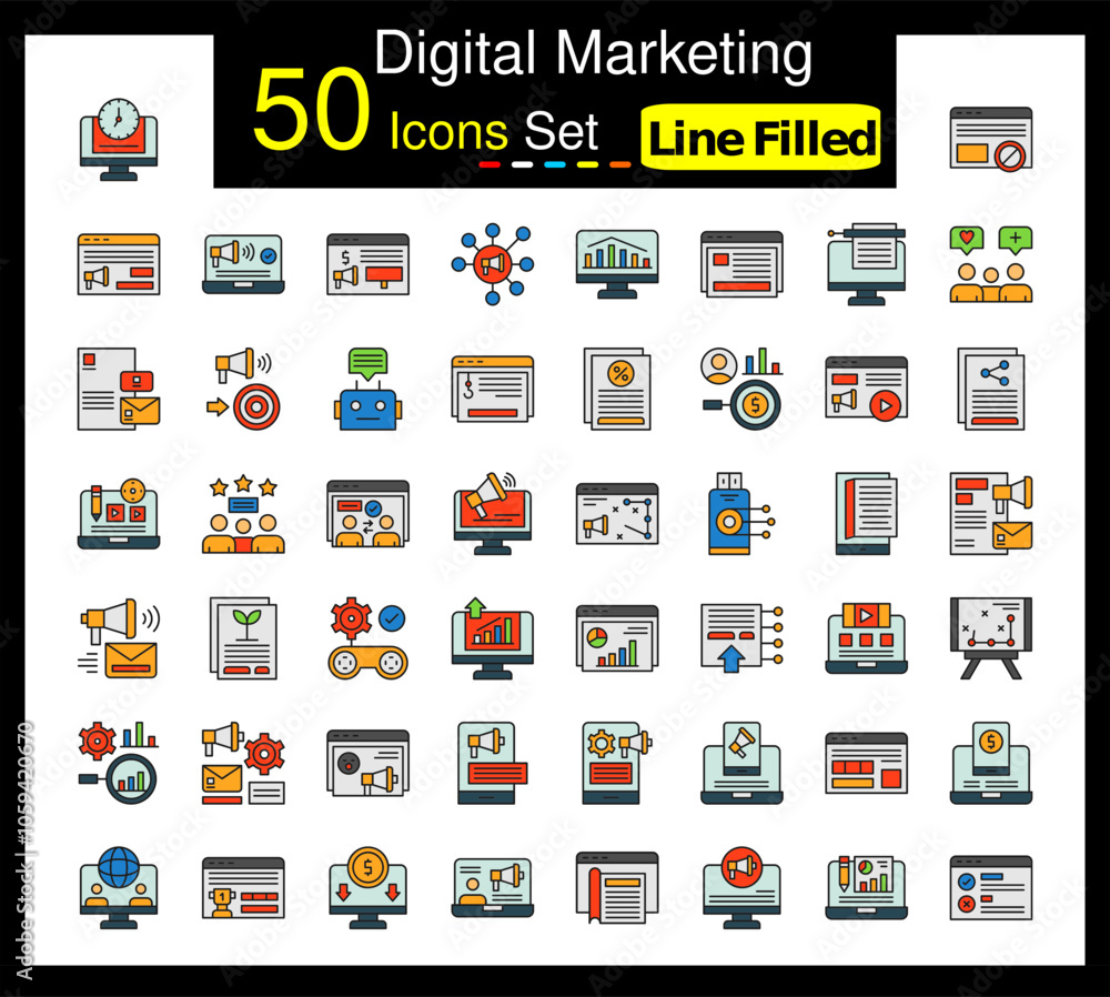 Set of 50 Digital Marketing icons related to 24 7 Monitoring, Ad Blocker, Ad Campaign, Advertising Submission Line Icon collection Set of 50 Digital Marketing icons related to 24 7 Monitoring, Ad Blocker, Ad Campaign, Advertising Submission Line Icon collection