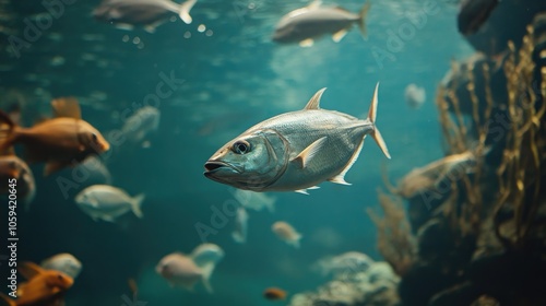 Mackerel swimming alongside other fish species, emphasizing the diversity of marine life.