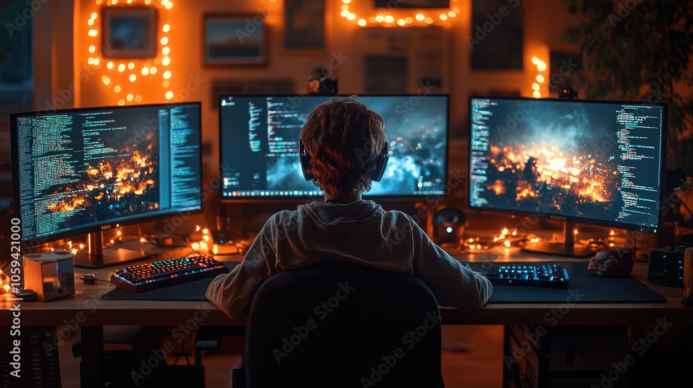 This cozy workspace shows a young individual focused on coding late at night, illuminated by screens and ambient lights creating a warm atmosphere This cozy workspace shows a young individual focused on coding late at night, illuminated by screens and ambient lights creating a warm atmosphere
