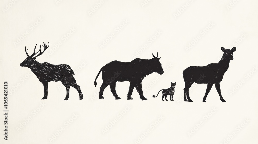 Silhouettes depict various wild animals in a minimalist ink style, highlighting their forms in a harmonious arrangement. Generative AI Silhouettes depict various wild animals in a minimalist ink style, highlighting their forms in a harmonious arrangement. Generative AI