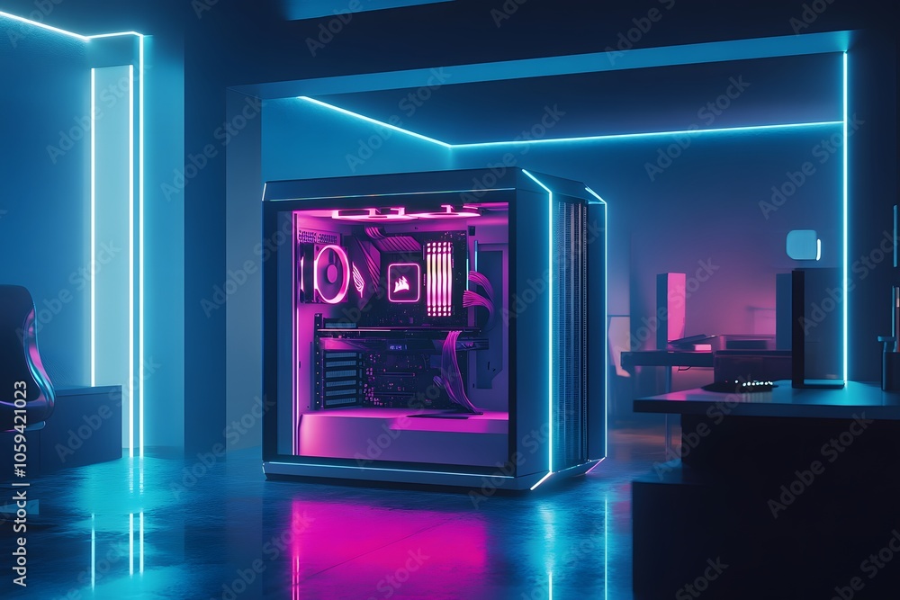gaming computer with neon lights and RGB lighting, representing futuristic setup and modern technology gaming computer with neon lights and RGB lighting, representing futuristic setup and modern technology