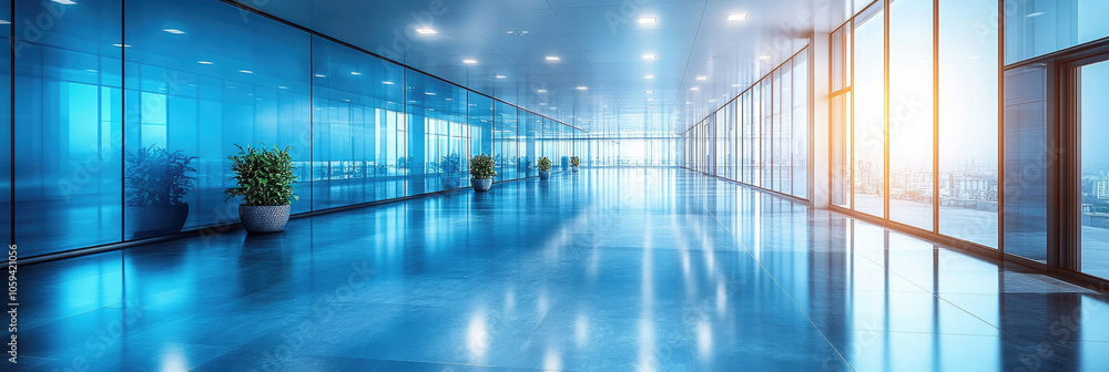 A spacious office area features glass walls, sleek floors, and potted plants, illuminated by warm sunlight streaming in from outside A spacious office area features glass walls, sleek floors, and potted plants, illuminated by warm sunlight streaming in from outside