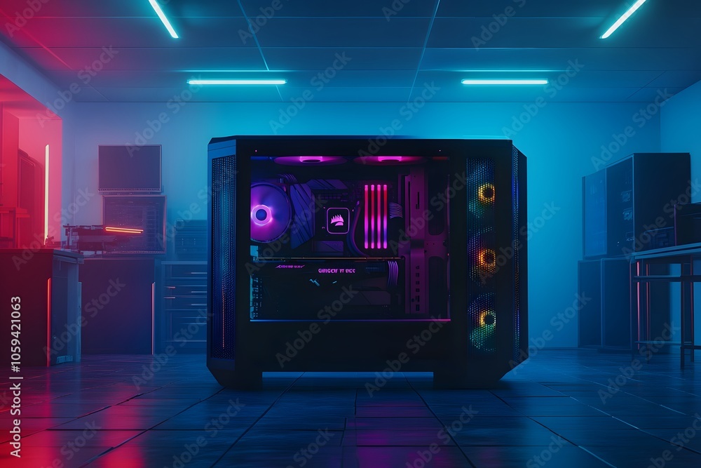 Fototapeta premium gaming computer with neon lights and RGB lighting, representing futuristic setup and modern technology