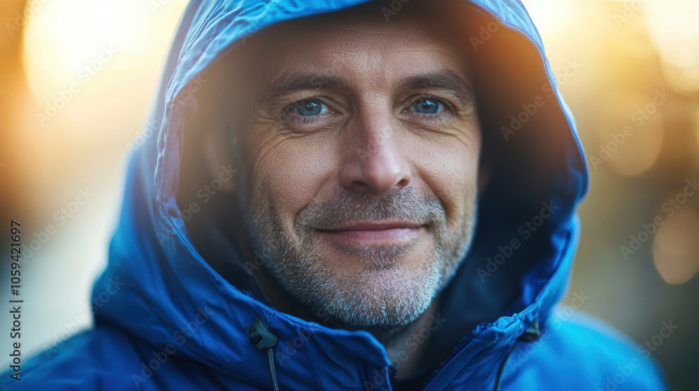 Smiling Man in Blue Hooded Jacket Outdoors in Winter. Smiling Man in Blue Hooded Jacket Outdoors in Winter.