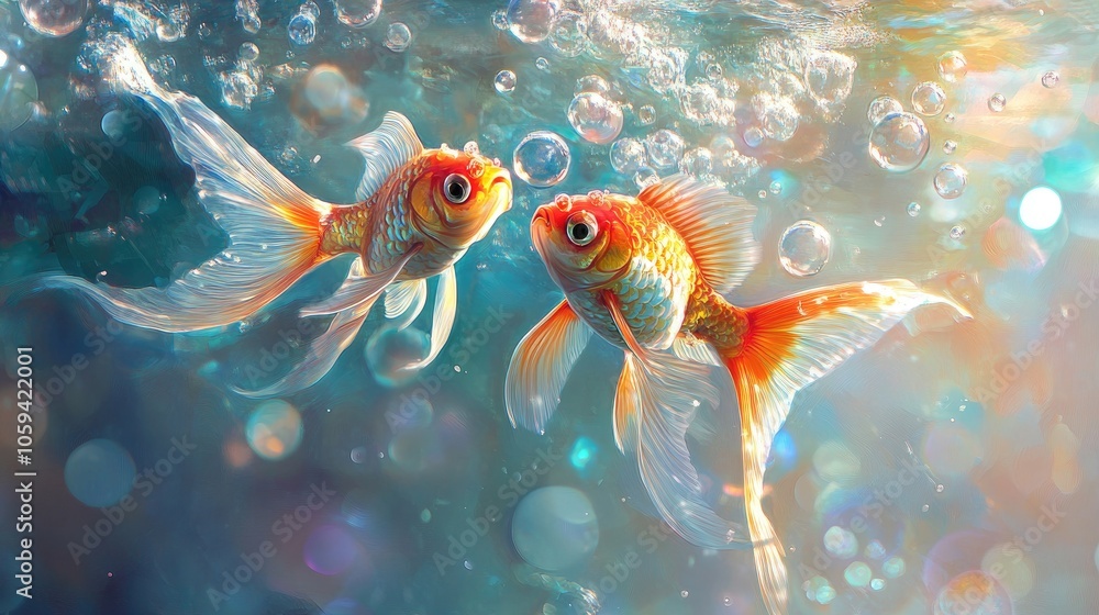 Pair of goldfish playfully swimming in clear water, surrounded by gentle bubbles. Pair of goldfish playfully swimming in clear water, surrounded by gentle bubbles.