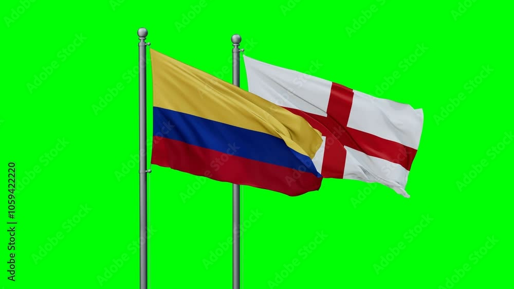 England and Colombia flags flying together, video concept of the relationship with colored chroma key for easy background remove England and Colombia flags flying together, video concept of the relationship with colored chroma key for easy background remove