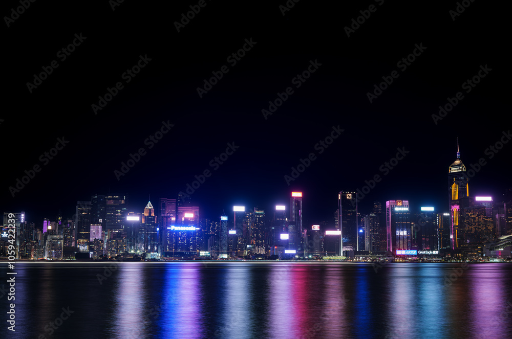 Hongkong China 11.7.2023. Hongkong bay night cityscape skyline