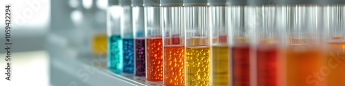 Colorful test tubes in laboratory setup showing scientific resea photo