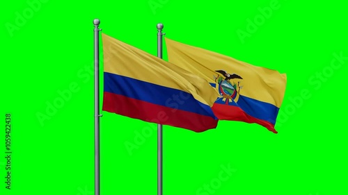 Ecuador and Colombia flags flying together, video concept of the relationship with colored chroma key for easy background remove