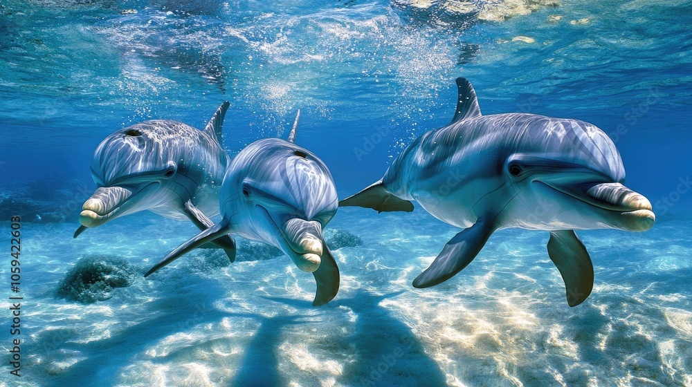 Fototapeta premium Pod of dolphins swimming together in crystal-clear waters, displaying their social nature.