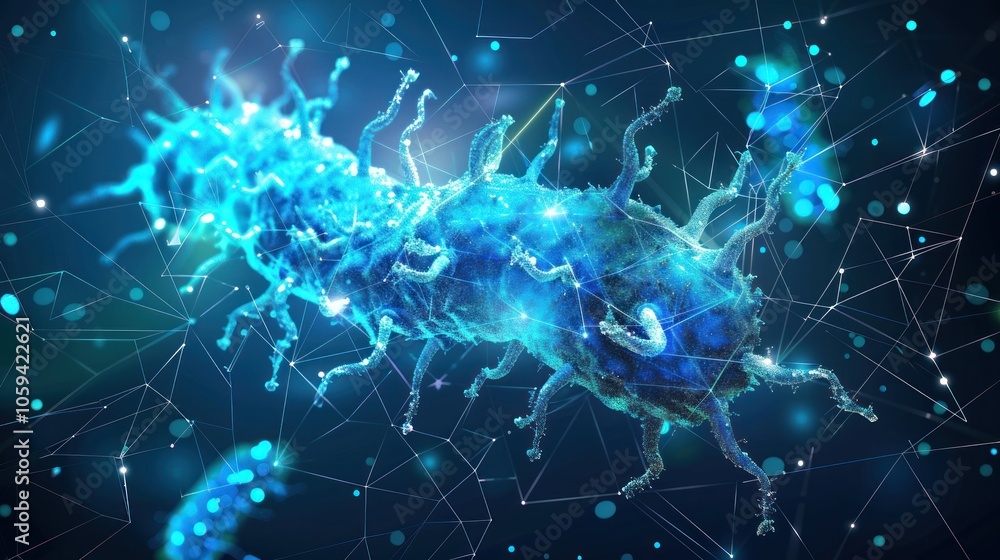 An abstract 3D illustration of a blue glowing bacteria in a futuristic, digital network. An abstract 3D illustration of a blue glowing bacteria in a futuristic, digital network.