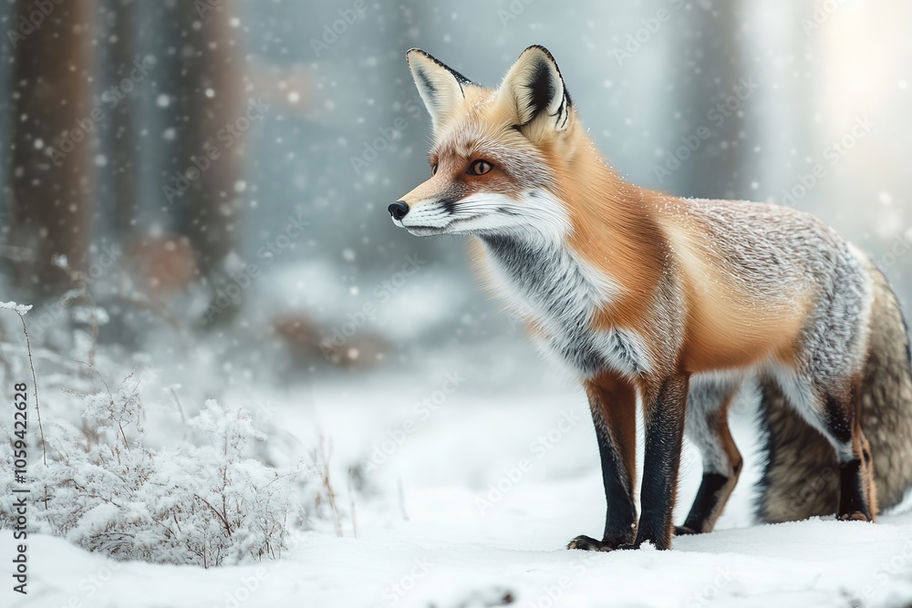 Alert fox in snowy forest, winter scene with details Alert fox in snowy forest, winter scene with details